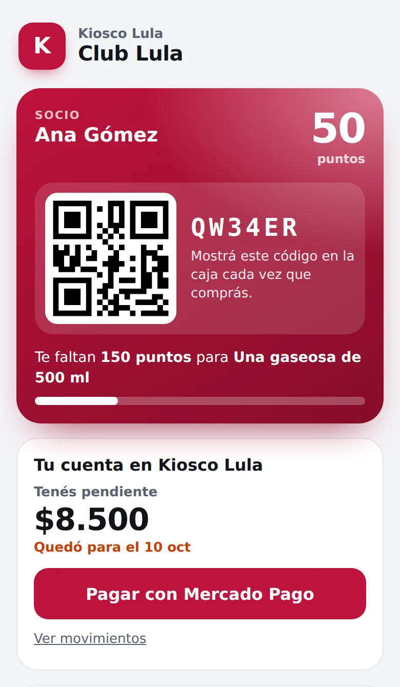 La tarjeta del club en el celular de un cliente: sus puntos, el código para mostrar en la caja, cuánto le falta para el próximo premio y su cuenta con el botón para pagar