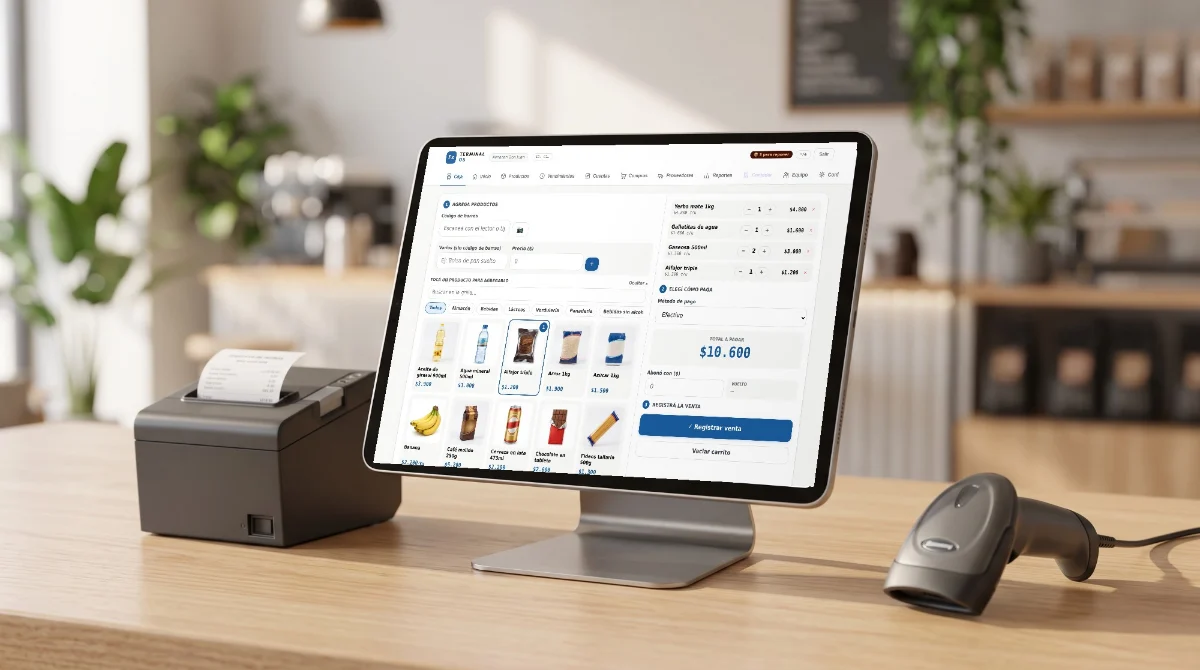 Kit Finnix: tablet con la caja de Terminal OS, comandera térmica y lector de códigos