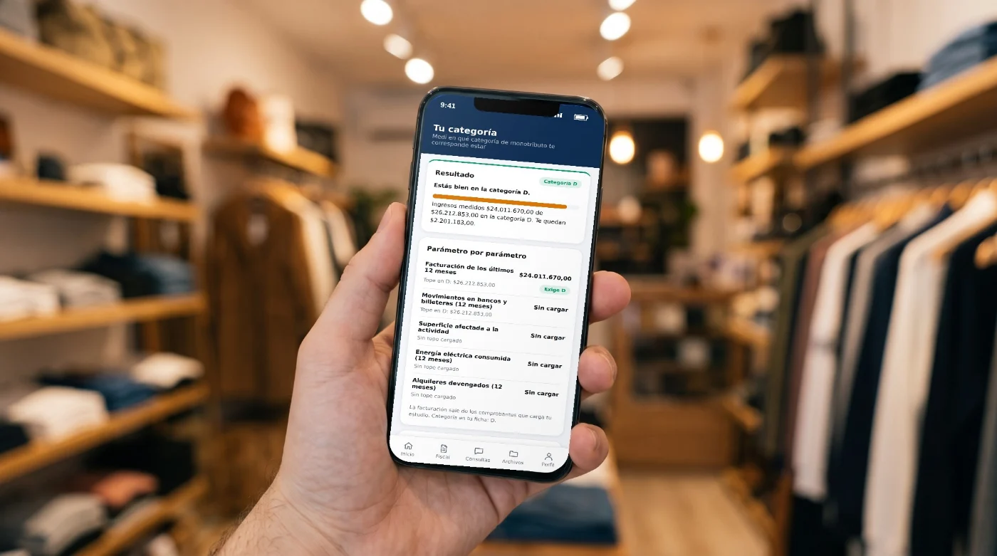 Finnix App en el celular, en una tienda: tu categoría de monotributo y cuánto te queda para el tope