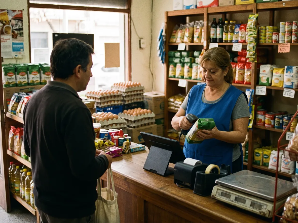 Almacenera atendiendo en el mostrador con la tablet y la comandera