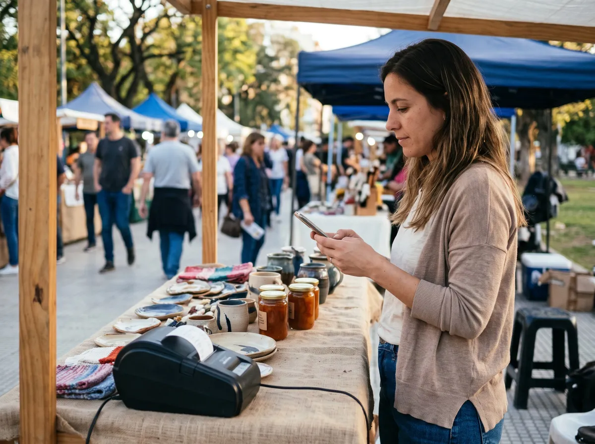 Emprendedora vendiendo en una feria con el celular y la comandera