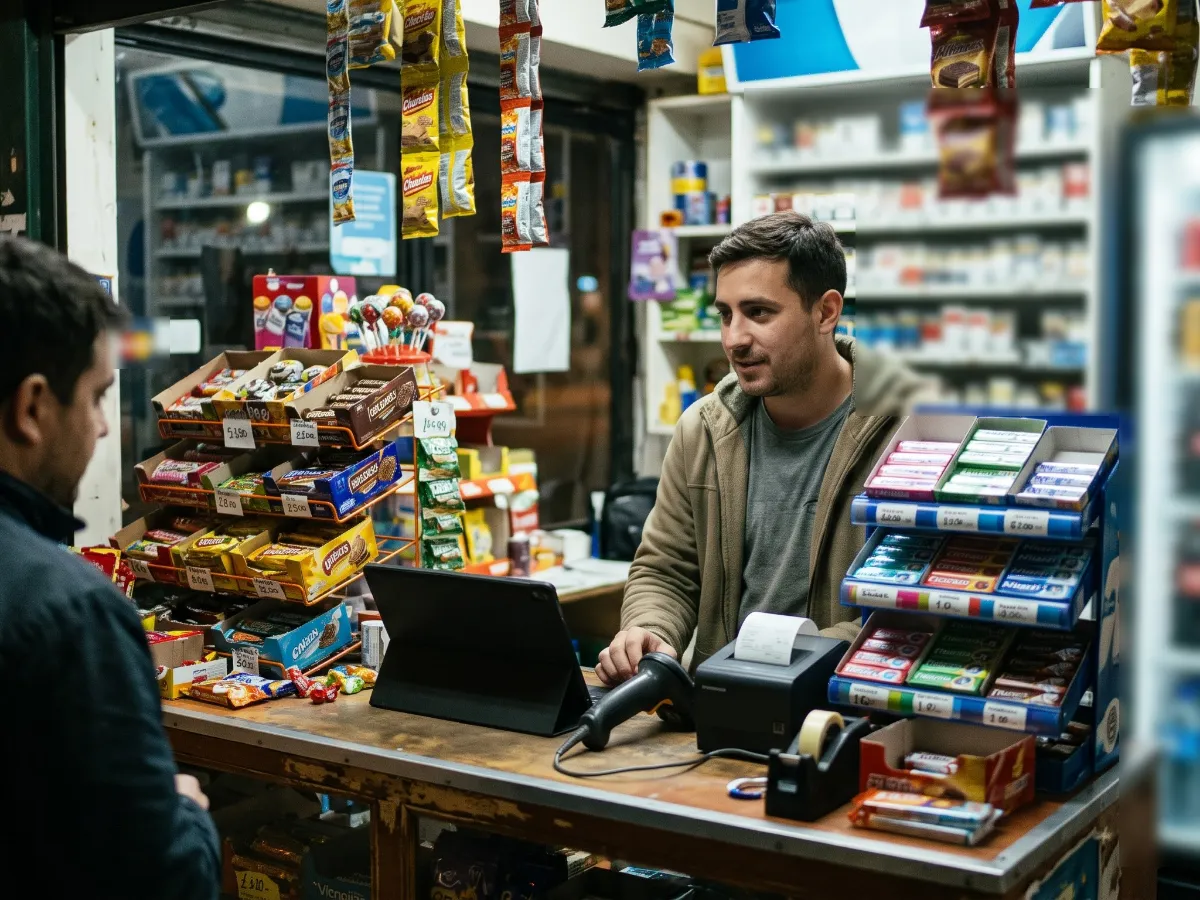 Mostrador de un kiosco con la tablet de Terminal OS y el lector de códigos