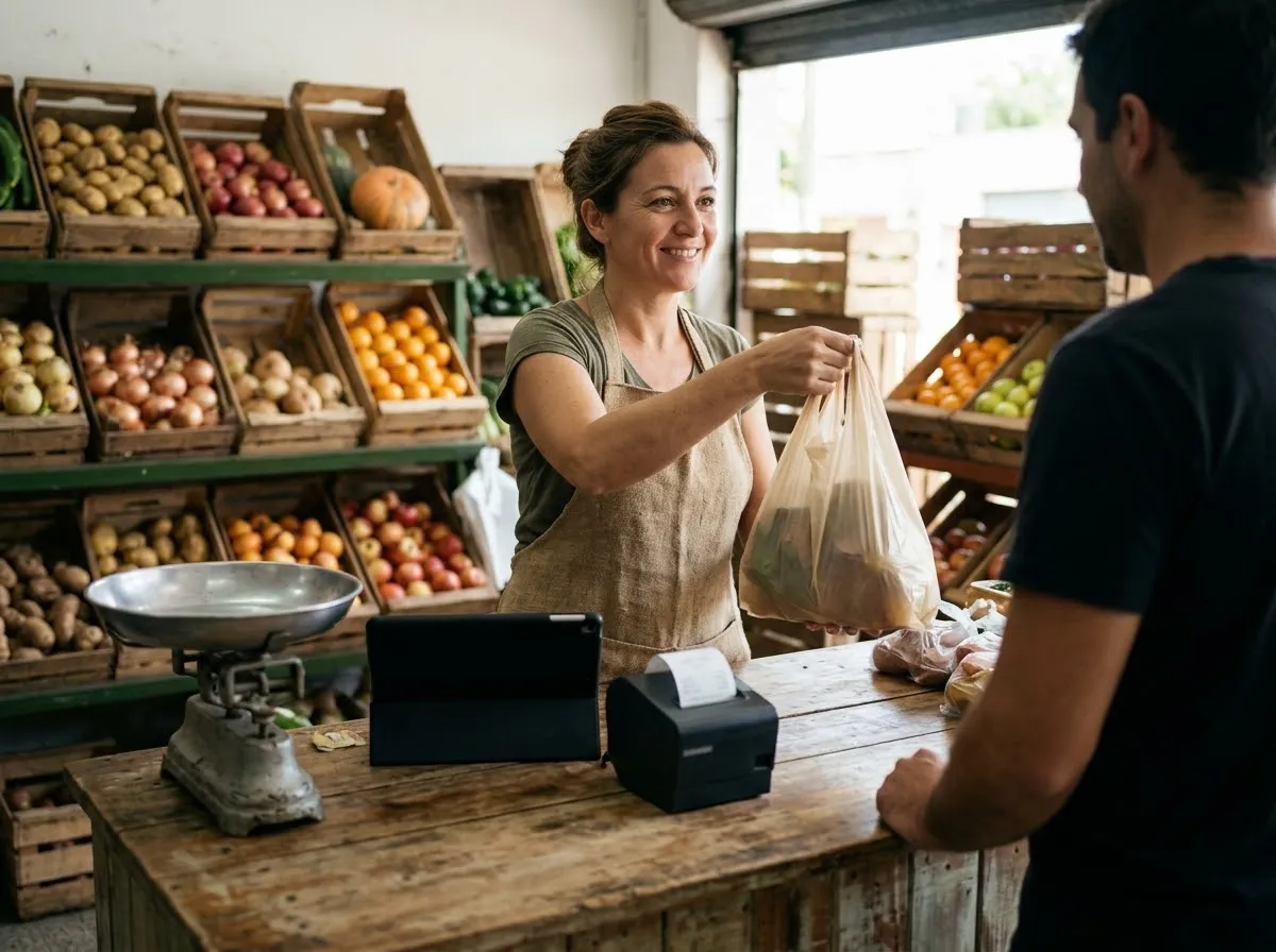 Verdulería con cajones de frutas y la tablet de Terminal OS