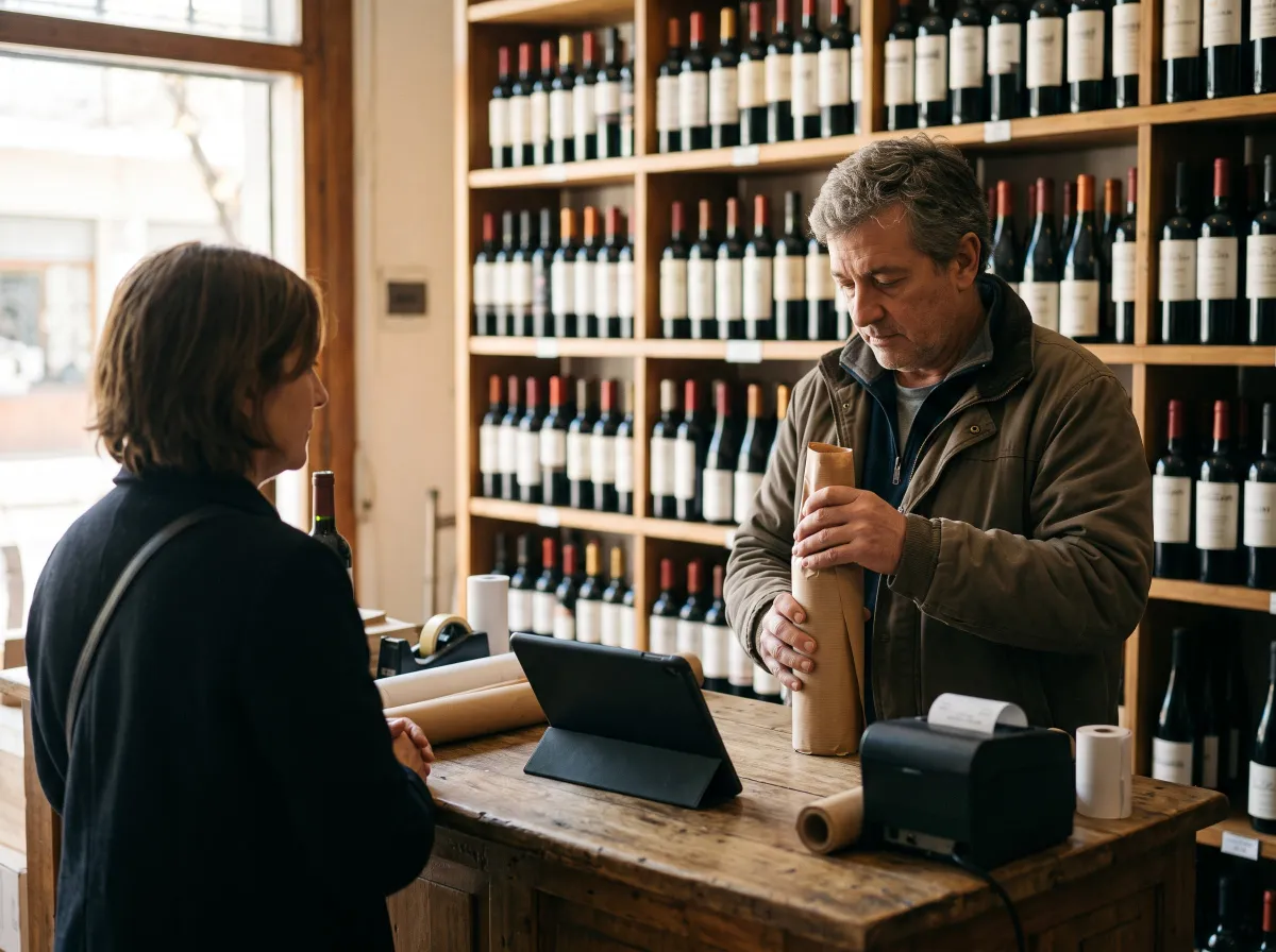 Vinoteca con la tablet de Terminal OS en el mostrador