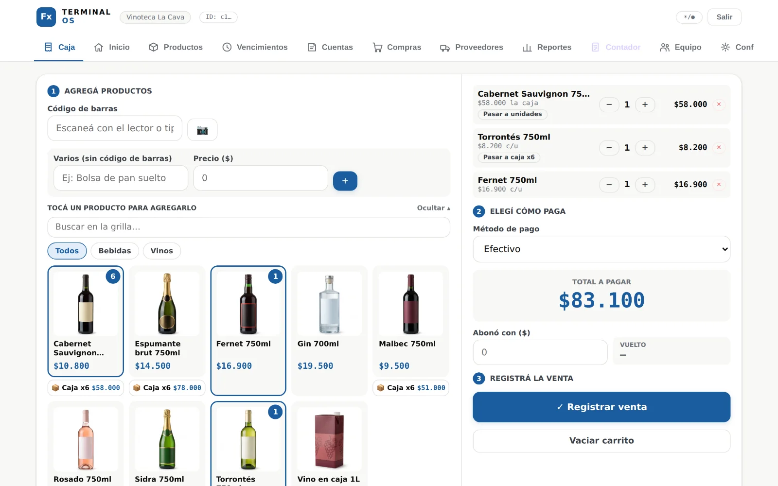 Caja de Terminal OS vendiendo una caja de vino y botellas sueltas